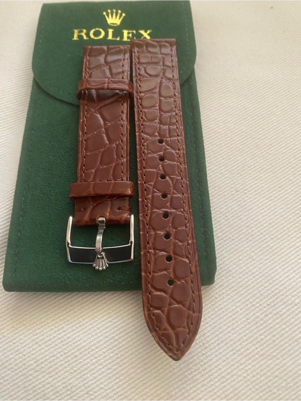 Rolex Brown Croc-Embossed Leather Strap Silver Plated Buckle 19mm Pre-Owned